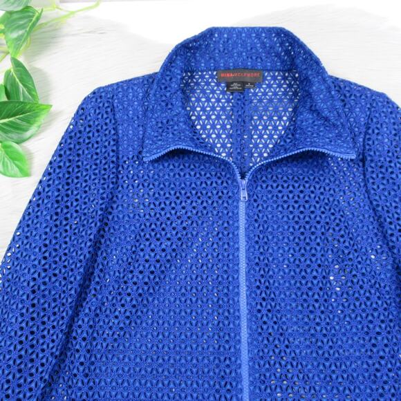 NINA MCLEMORE Blue Floral Eyelet Zip Front Sheer Jacket Women’s Size Small - Picture 7 of 13
